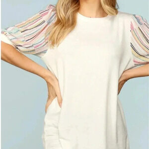 New Ivory Mint Coral Puff Bubble Multi Color Short Sleeve Top Sizes S, M, L